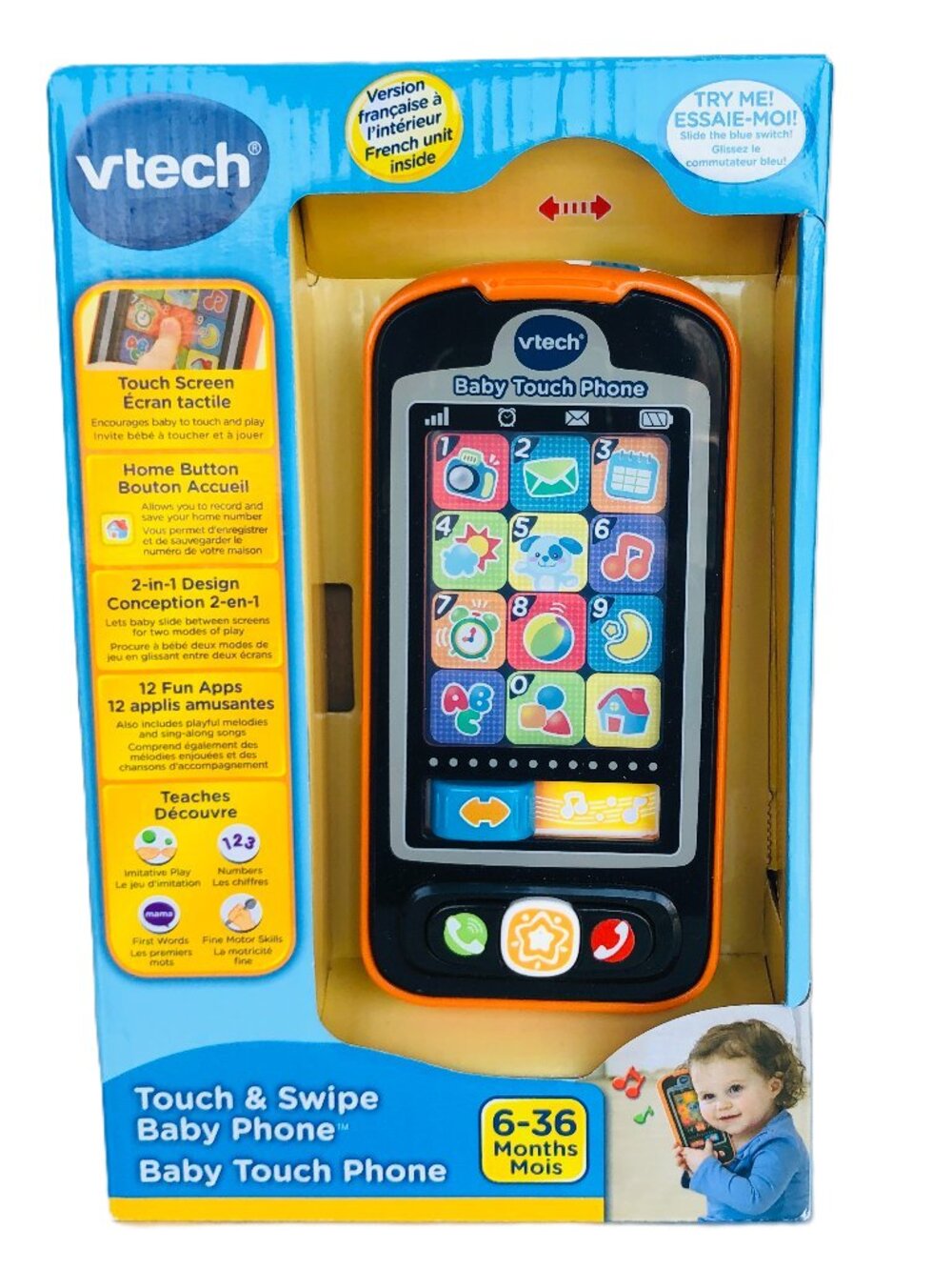 VTech Touch & Swipe Baby Phone (French Version) - Musical Toy 6-36M New in Box